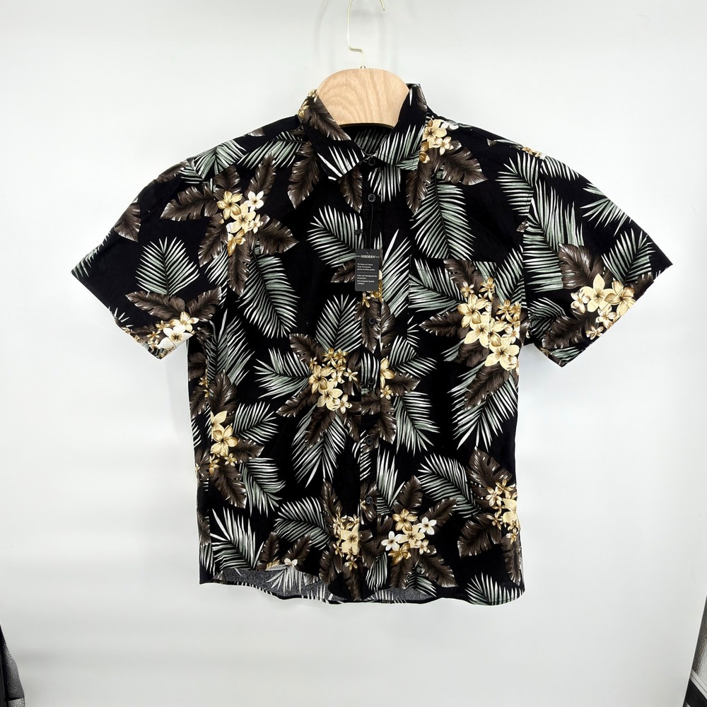 HISDERN‎ Men Hawaiian Shirt L Black Palm Floral Short Sleeve 100% Cotton NWT